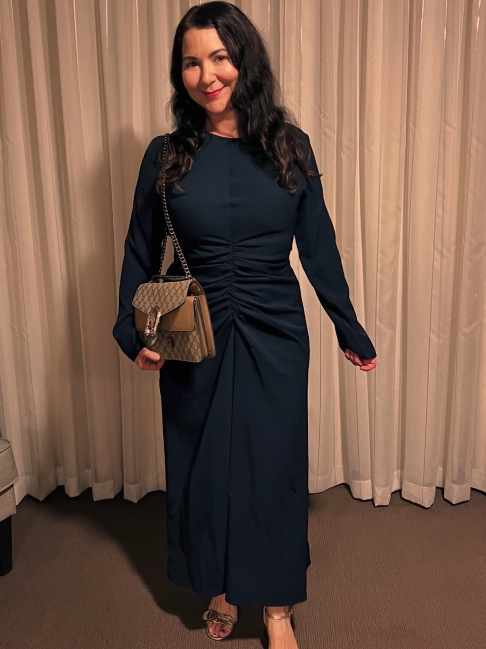 Zara Long Ruched Maxi Dress in Dark Navy